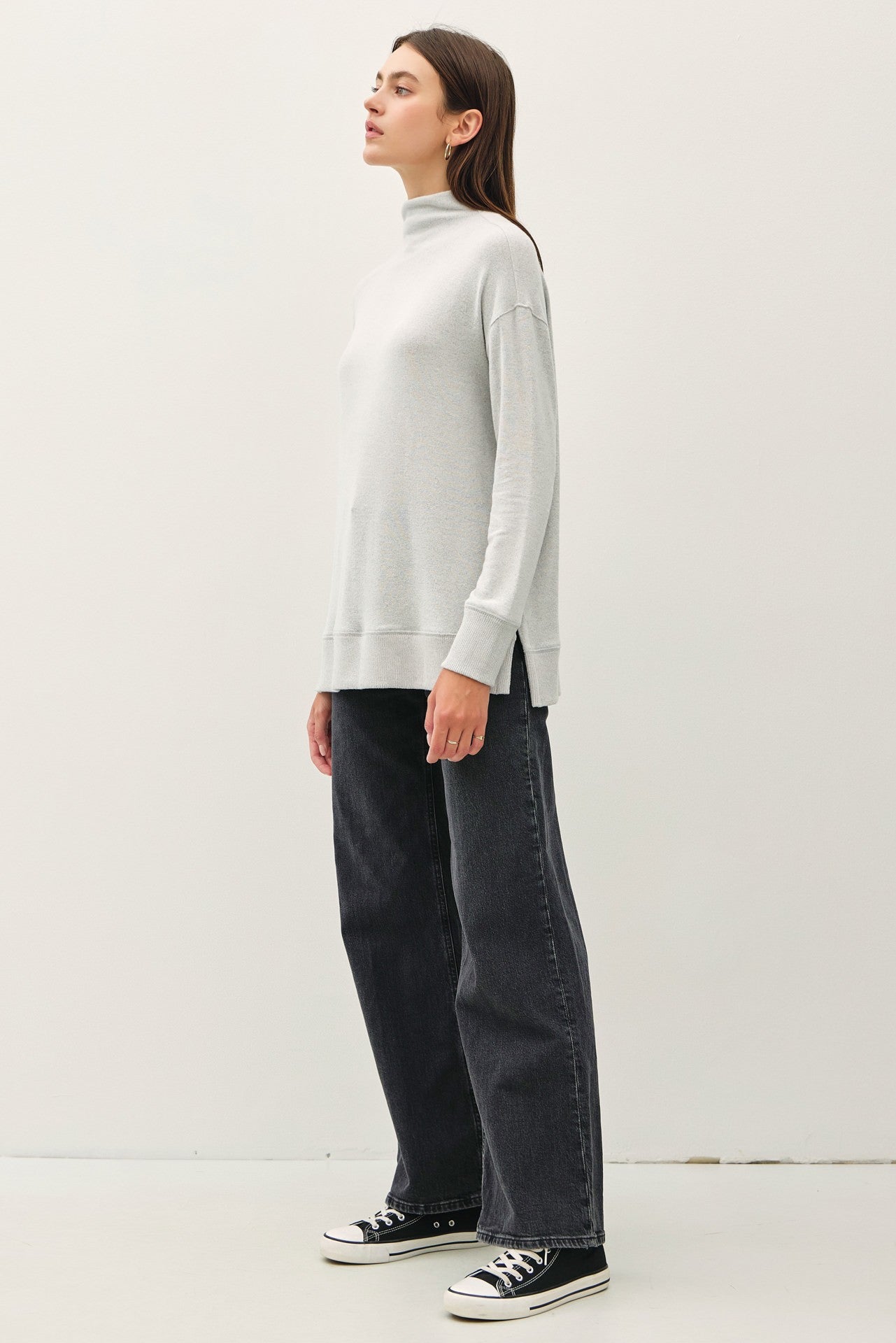 BE COOL - Light Gray Mock Neck Long Sleeve Tunic Top