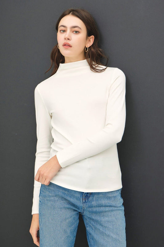 BE COOL - Mock Neck Long Sleeve T-Shirt in Ivory