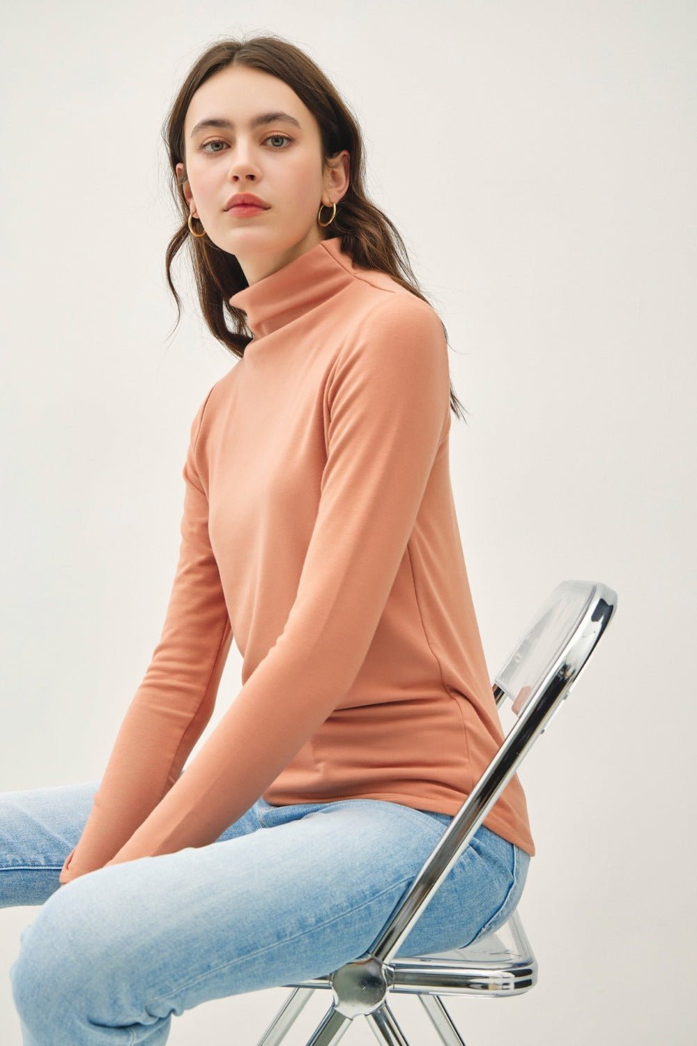 BE COOL - Mock Neck Long Sleeve T-Shirt in Persimmon