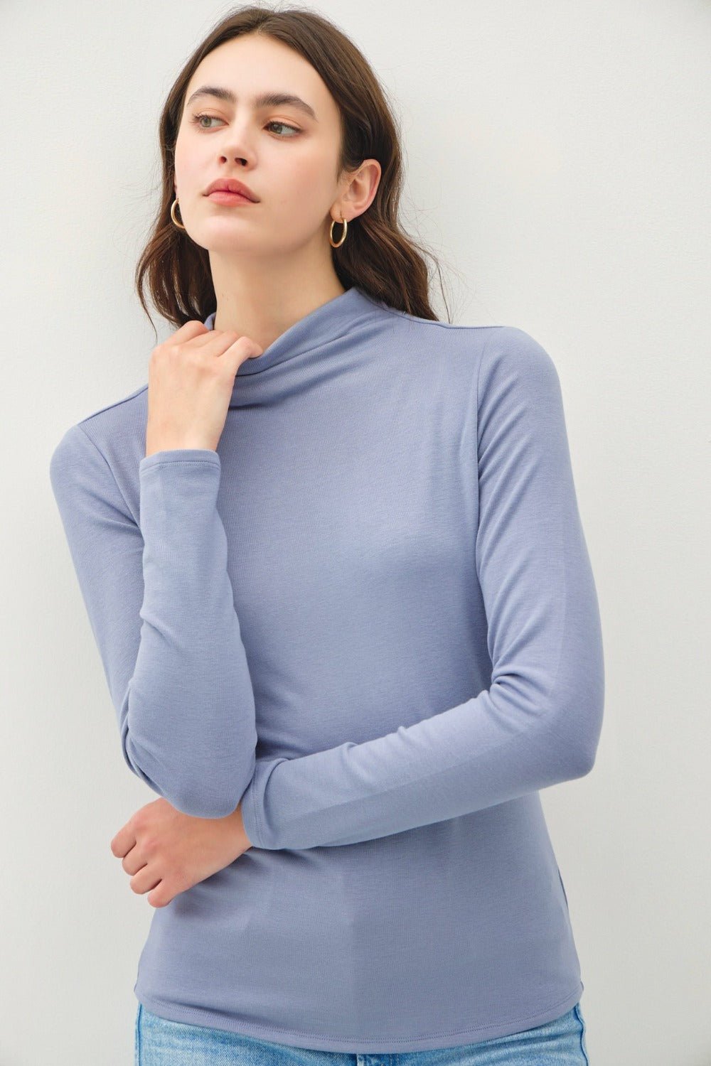 BE COOL - Mock Neck Long Sleeve T-Shirt in Vintage Blue