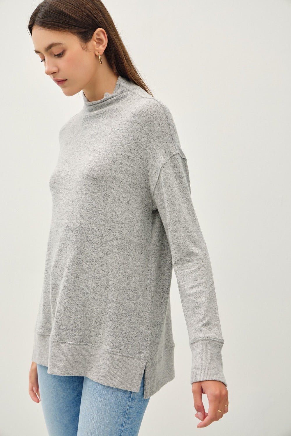 BE COOL - Mock Neck Long Sleeve Tunic Top in Charcoal