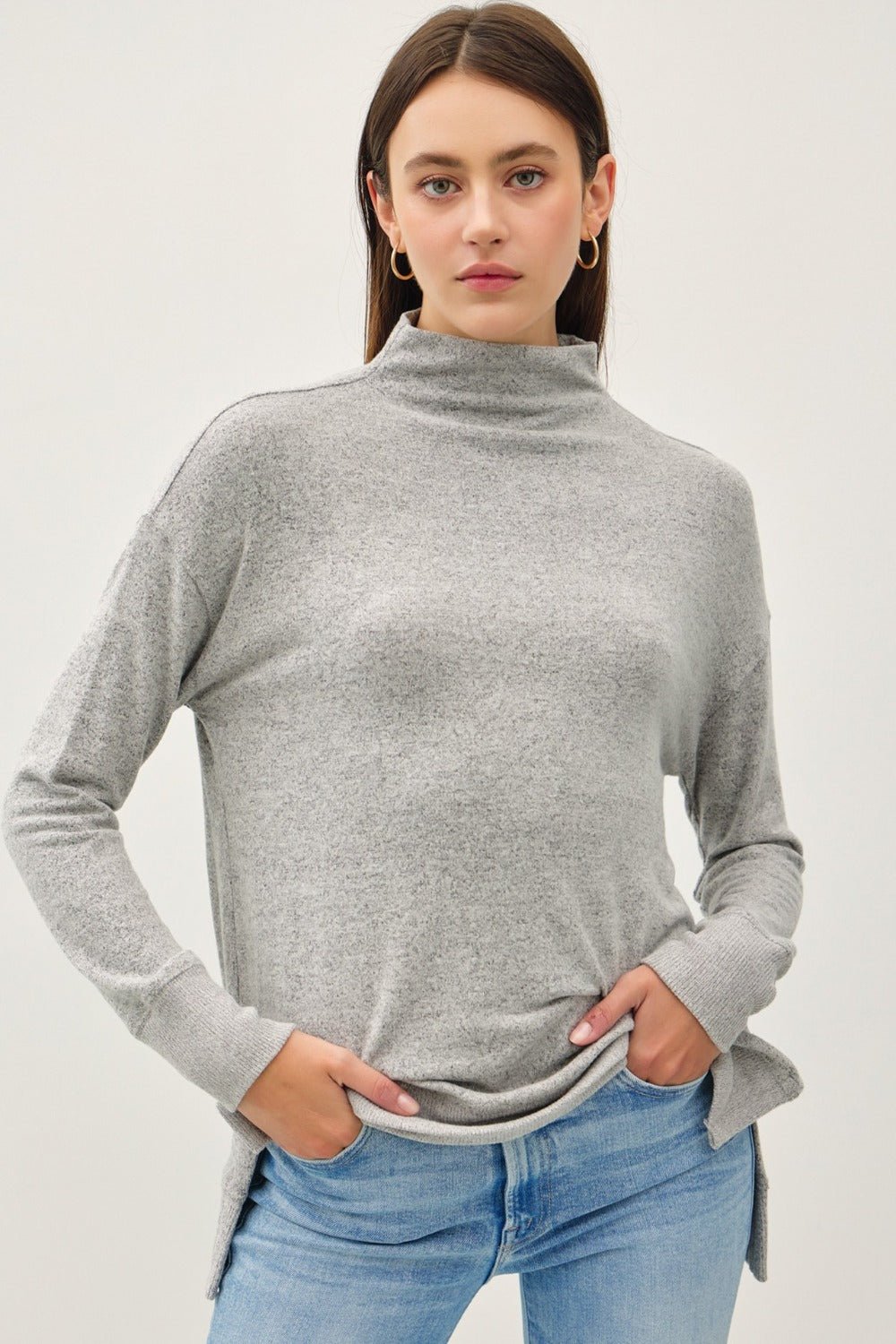 BE COOL - Mock Neck Long Sleeve Tunic Top in Charcoal
