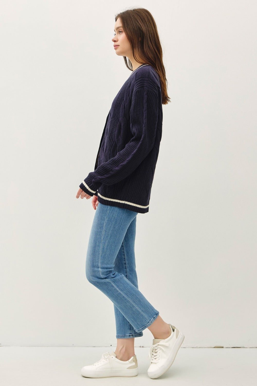 BE COOL - Navy Contrast Trim Cable - Knit Cardigan