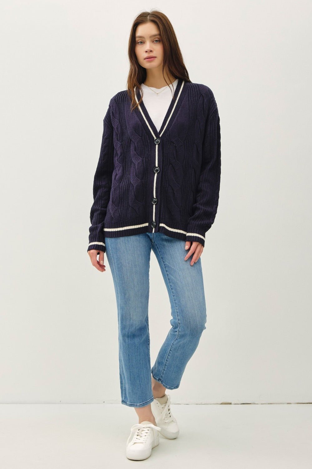 BE COOL - Navy Contrast Trim Cable - Knit Cardigan