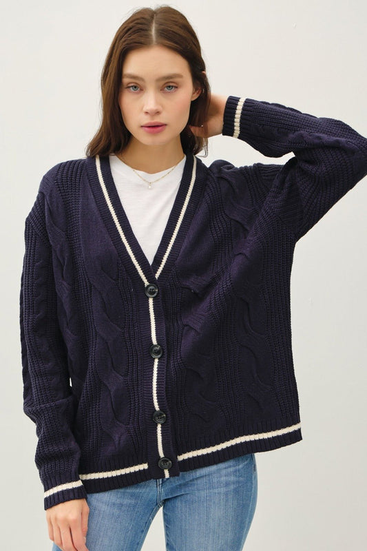 BE COOL - Navy Contrast Trim Cable - Knit Cardigan