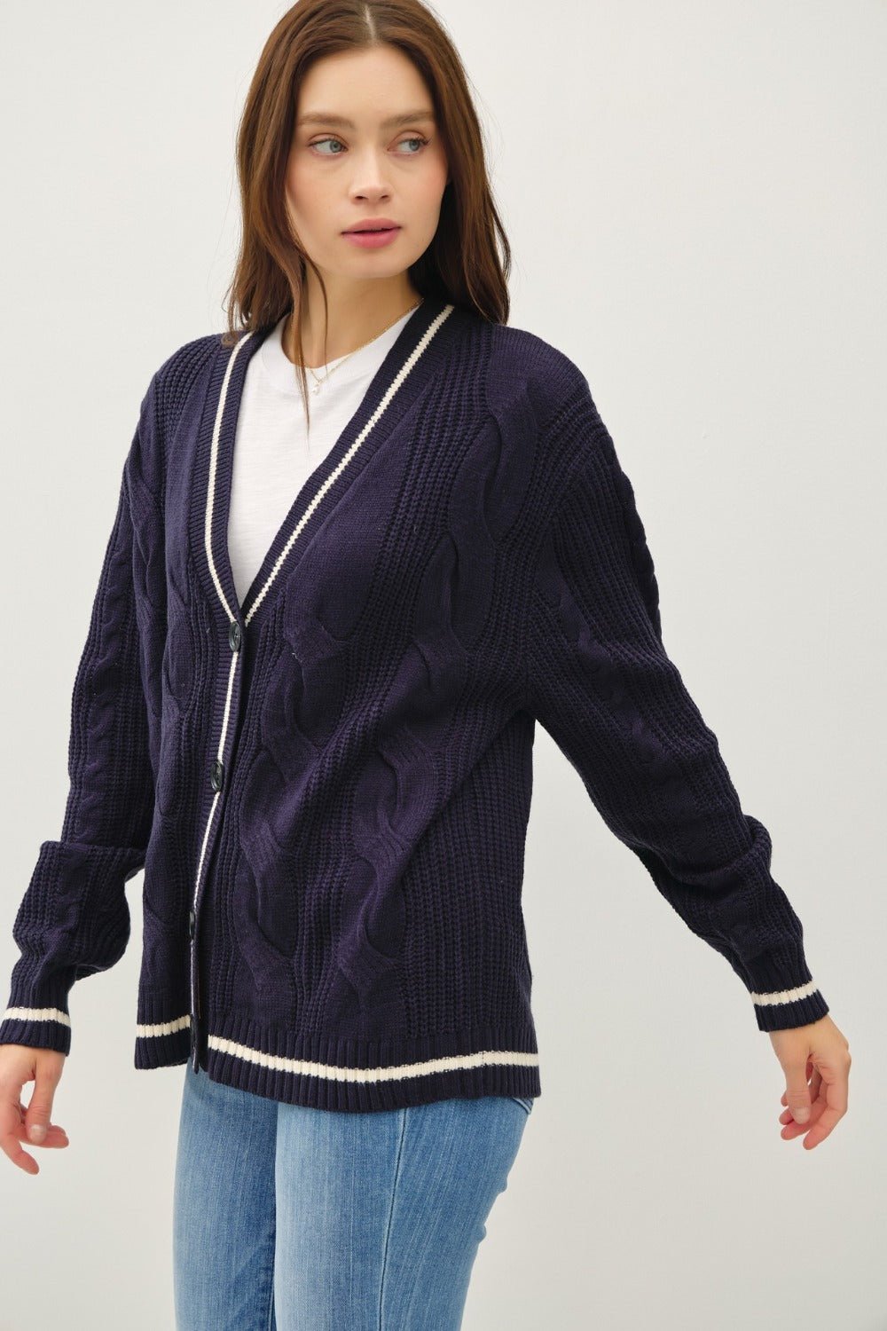 BE COOL - Navy Contrast Trim Cable - Knit Cardigan