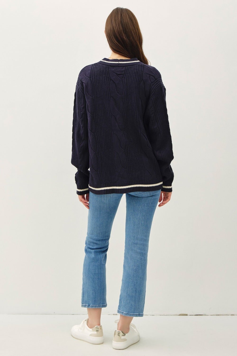 BE COOL - Navy Contrast Trim Cable - Knit Cardigan