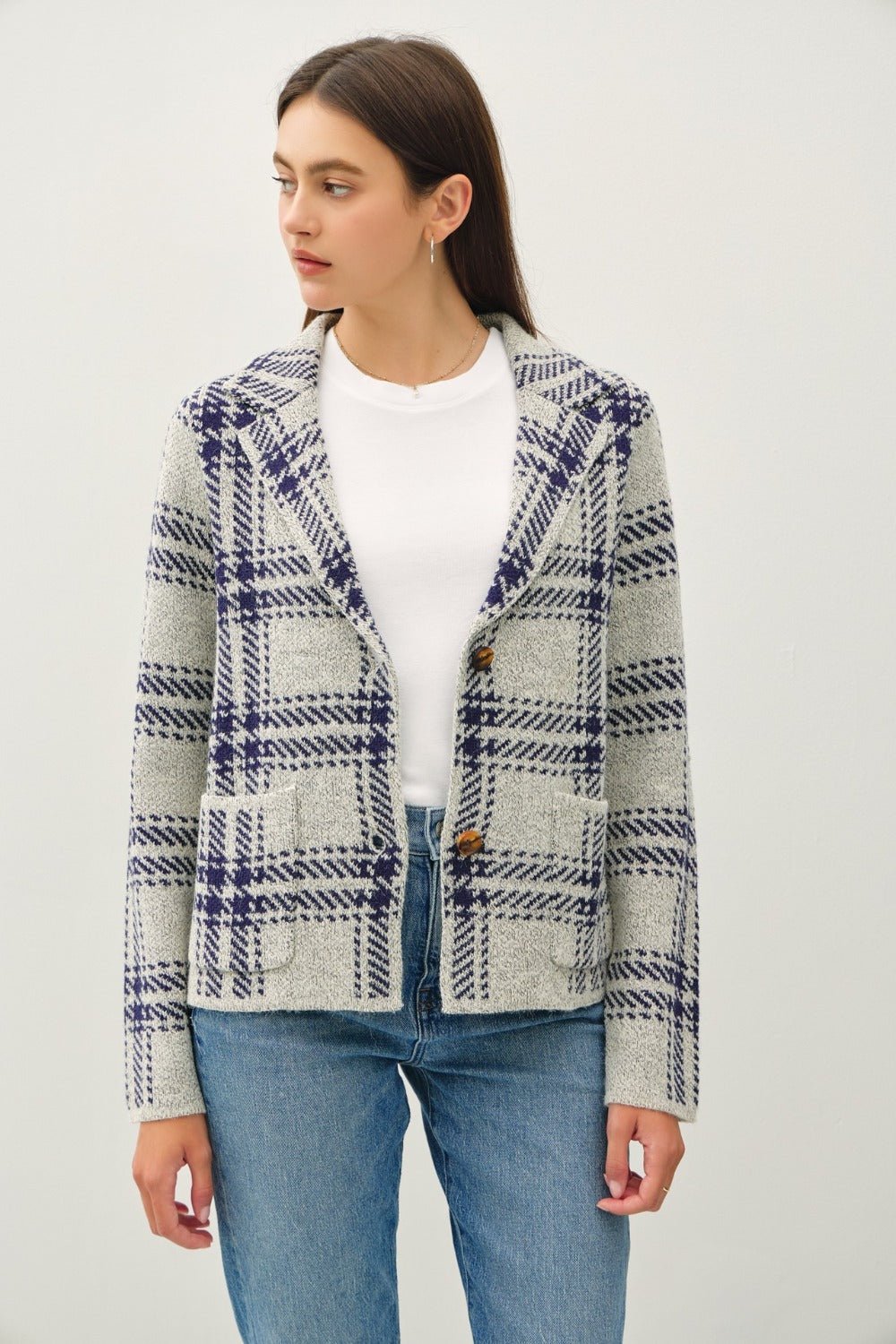 BE COOL - Navy Plaid Knit Blazer with Pockets