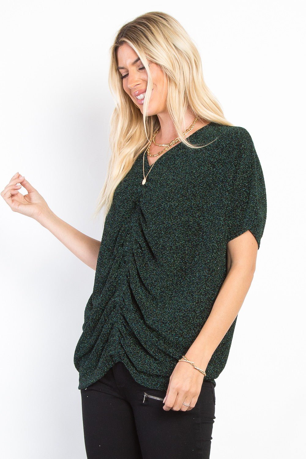 BE Stage - Center Cinched Knit Sparkle Top in Hunter Green