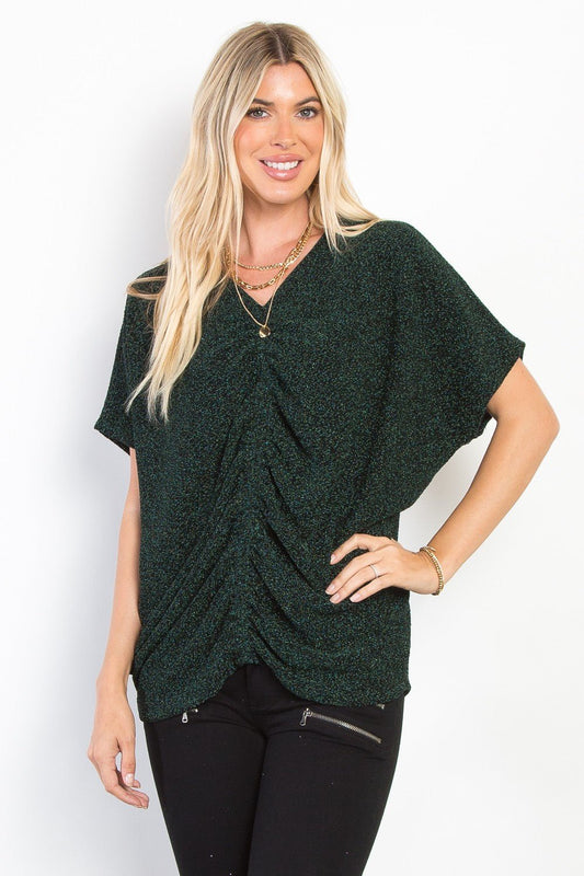 BE Stage - Center Cinched Knit Sparkle Top in Hunter Green