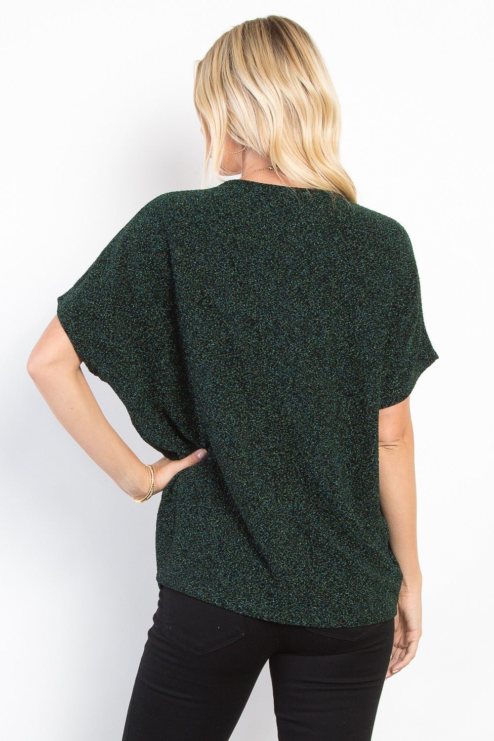 BE Stage - Center Cinched Knit Sparkle Top in Hunter Green