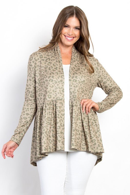 BE Stage - Leopard Print Open Front Peplum Cardigan in Sage