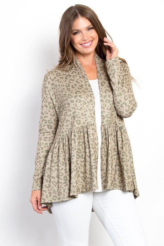 BE Stage - Leopard Print Open Front Peplum Cardigan in Sage