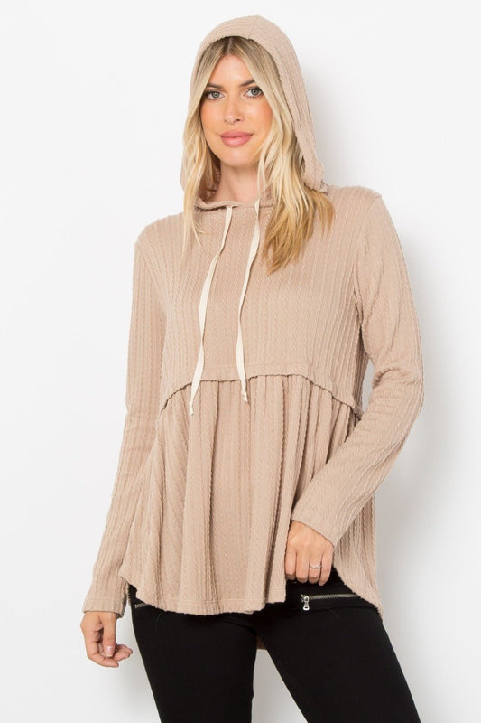 BE Stage - Long Sleeve Babydoll Cable Knit Hoodie in Taupe