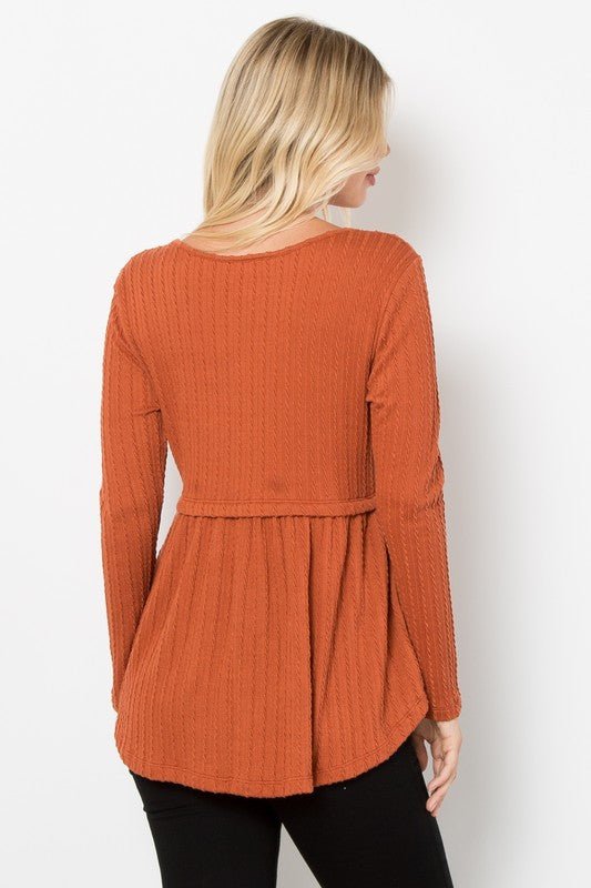 BE Stage - Long Sleeve Babydoll Knit Top in Rust