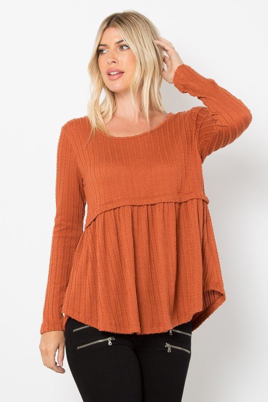 BE Stage - Long Sleeve Babydoll Knit Top in Rust