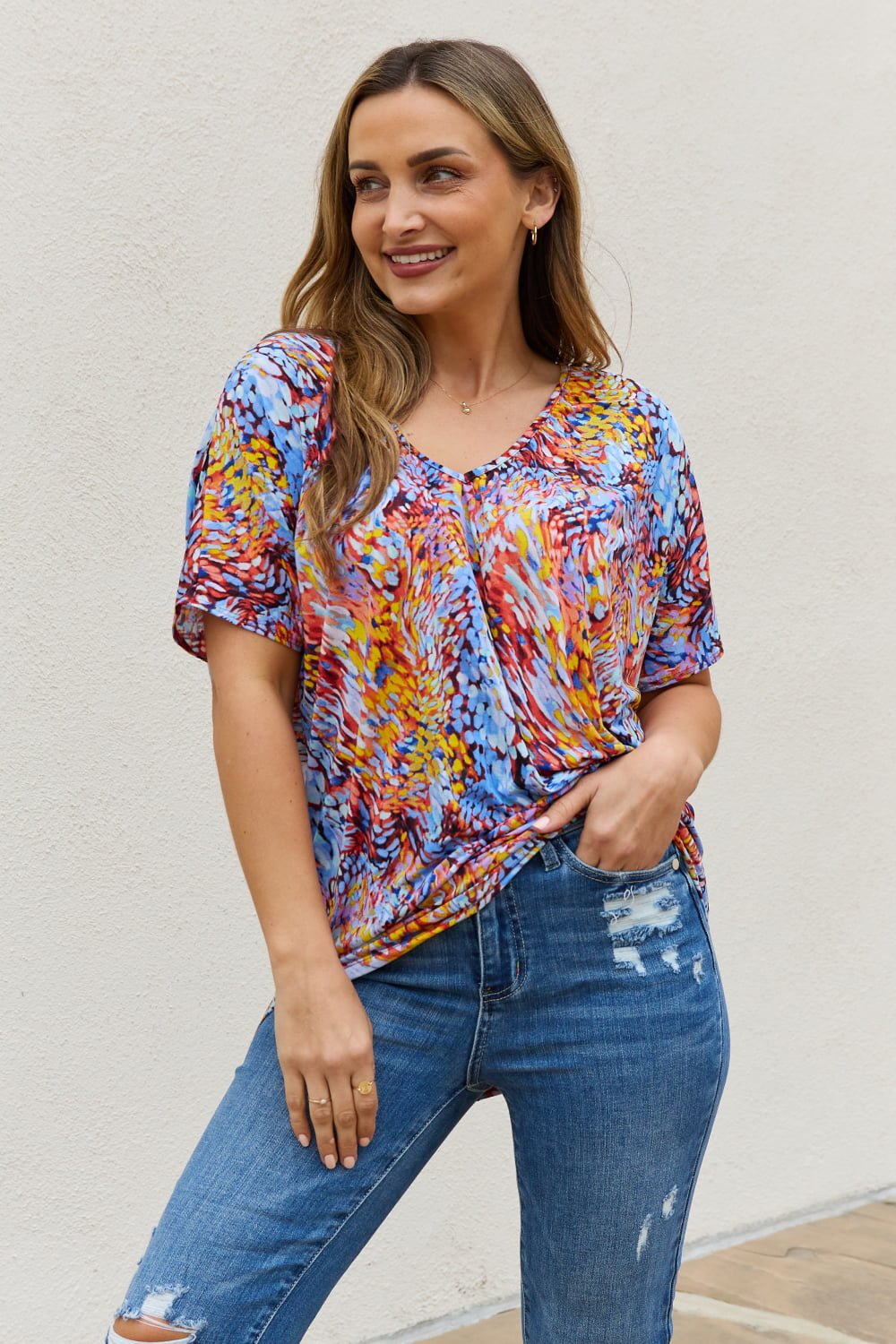 BE Stage - Printed Dolman Sleeve Flowy Top in Blue Mix