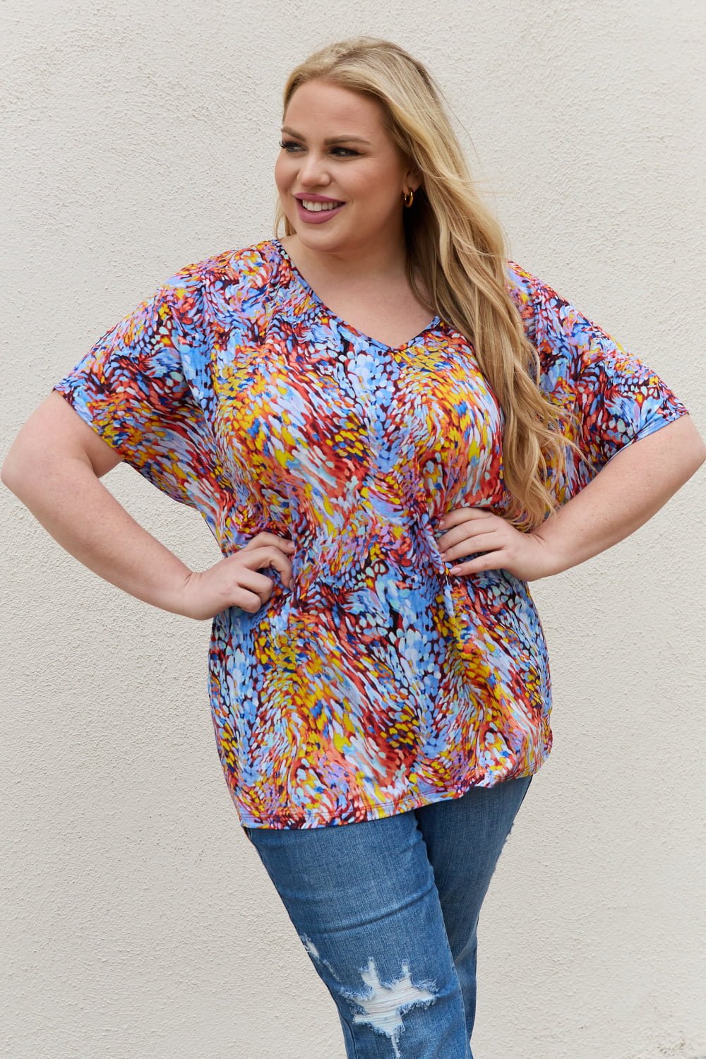 BE Stage - Printed Dolman Sleeve Flowy Top in Blue Mix