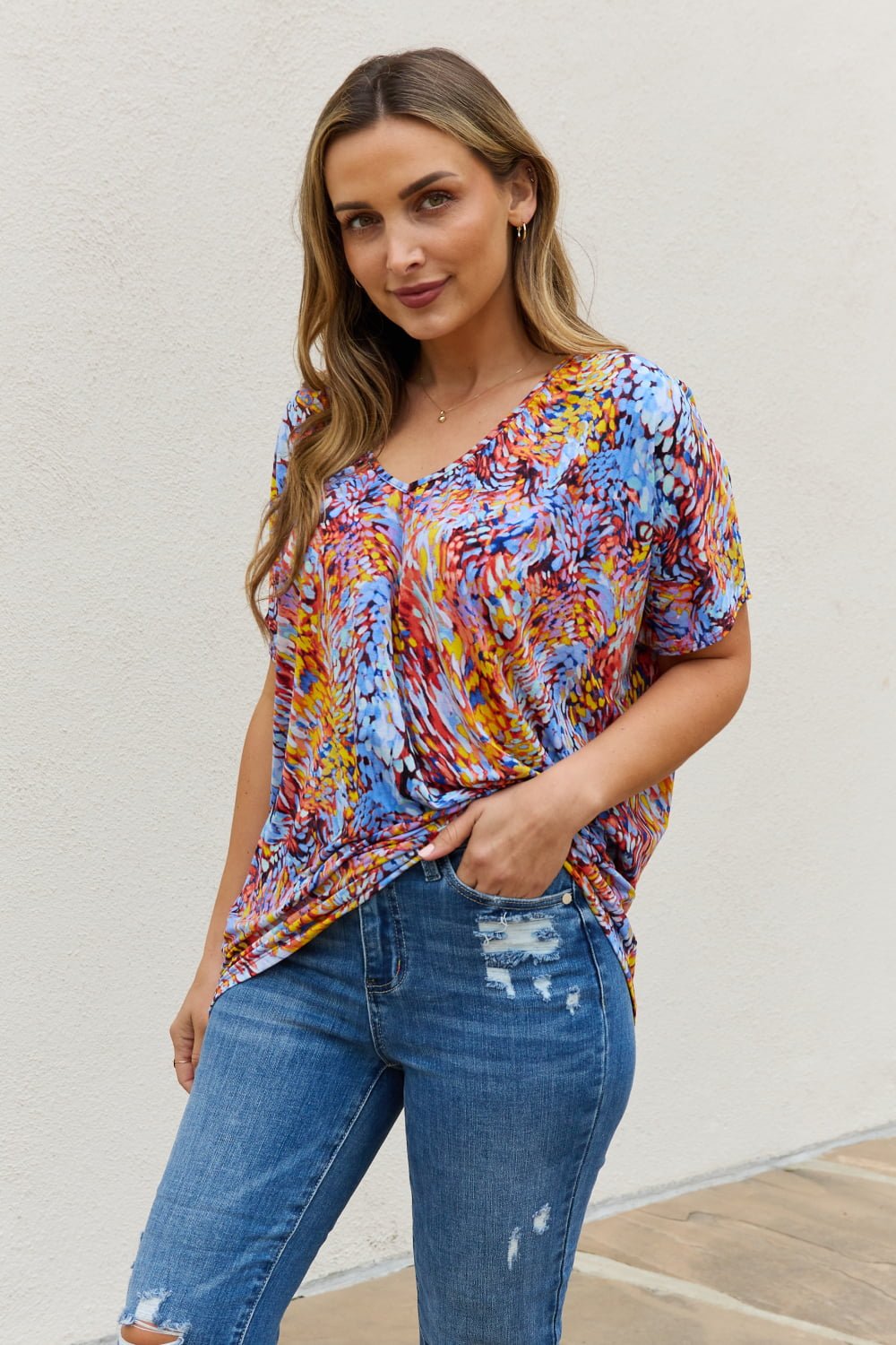 BE Stage - Printed Dolman Sleeve Flowy Top in Blue Mix