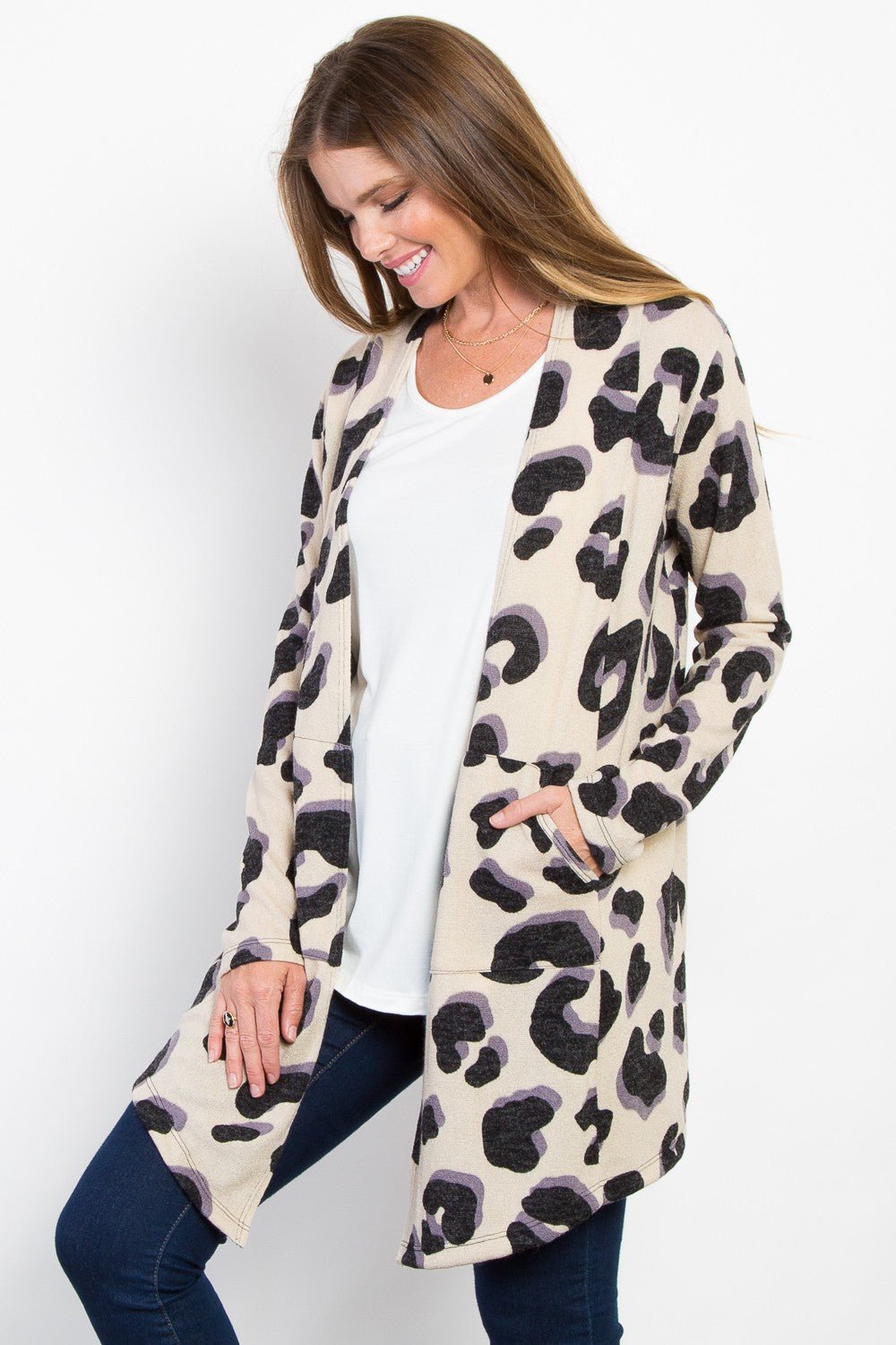 BE Stage - Printed Open Front Knit Cardigan with Pockets in Taupe