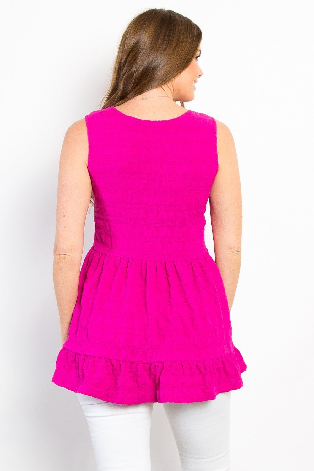 BE Stage - Ruffled Sleeveless Babydoll Top in Fuchsia