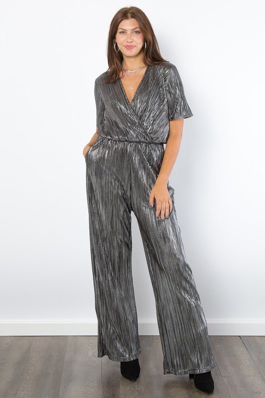 BE Stage - Silver Surplice Short Sleeve Jumpsuit