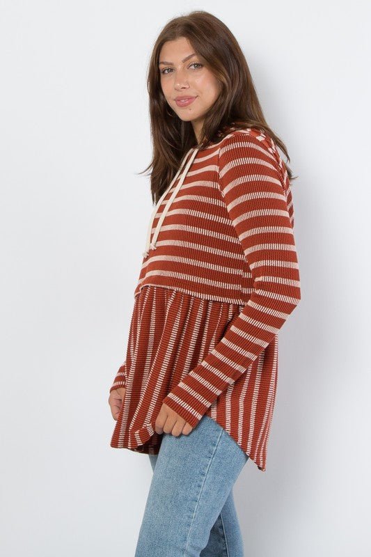 BE Stage - Striped Peplum Hoodie in Rust