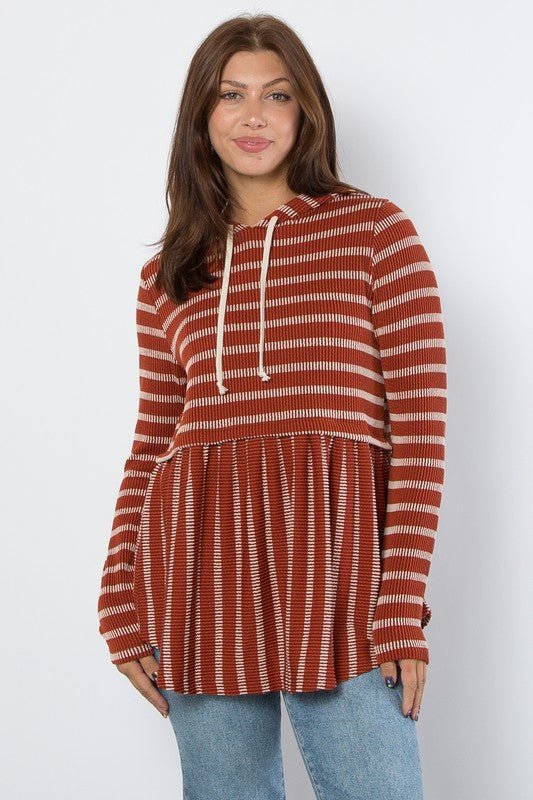 BE Stage - Striped Peplum Hoodie in Rust