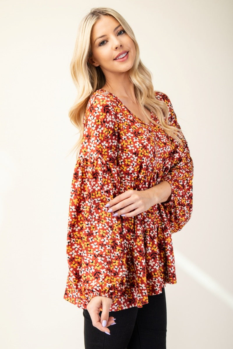 Floral V-Neck Long Sleeve Blouse in Rust