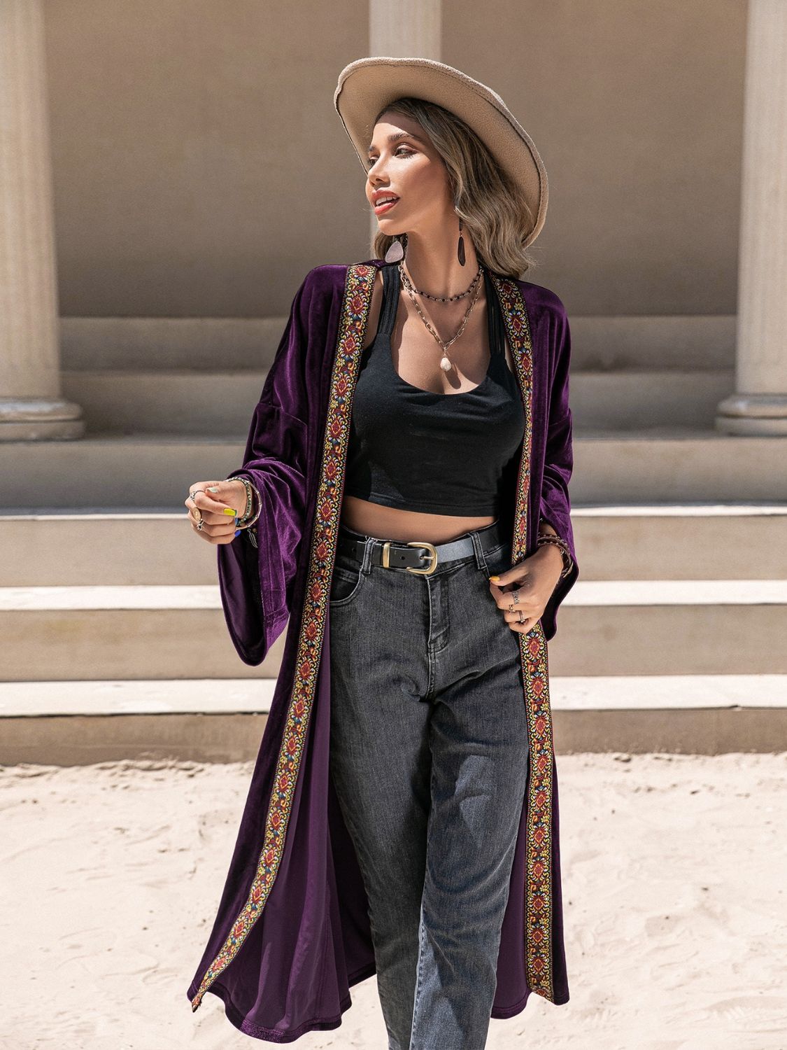 Embroidered Velvet Duster Cardigan in Plum