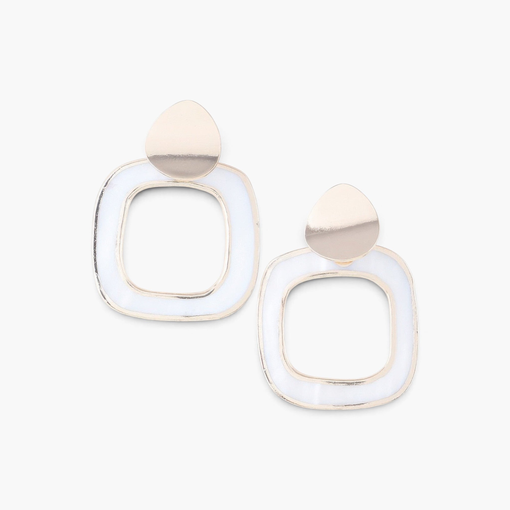 Beach Rose Co. abstract marble frame earrings featuring a gold finish and cream marble inlay in a square design.