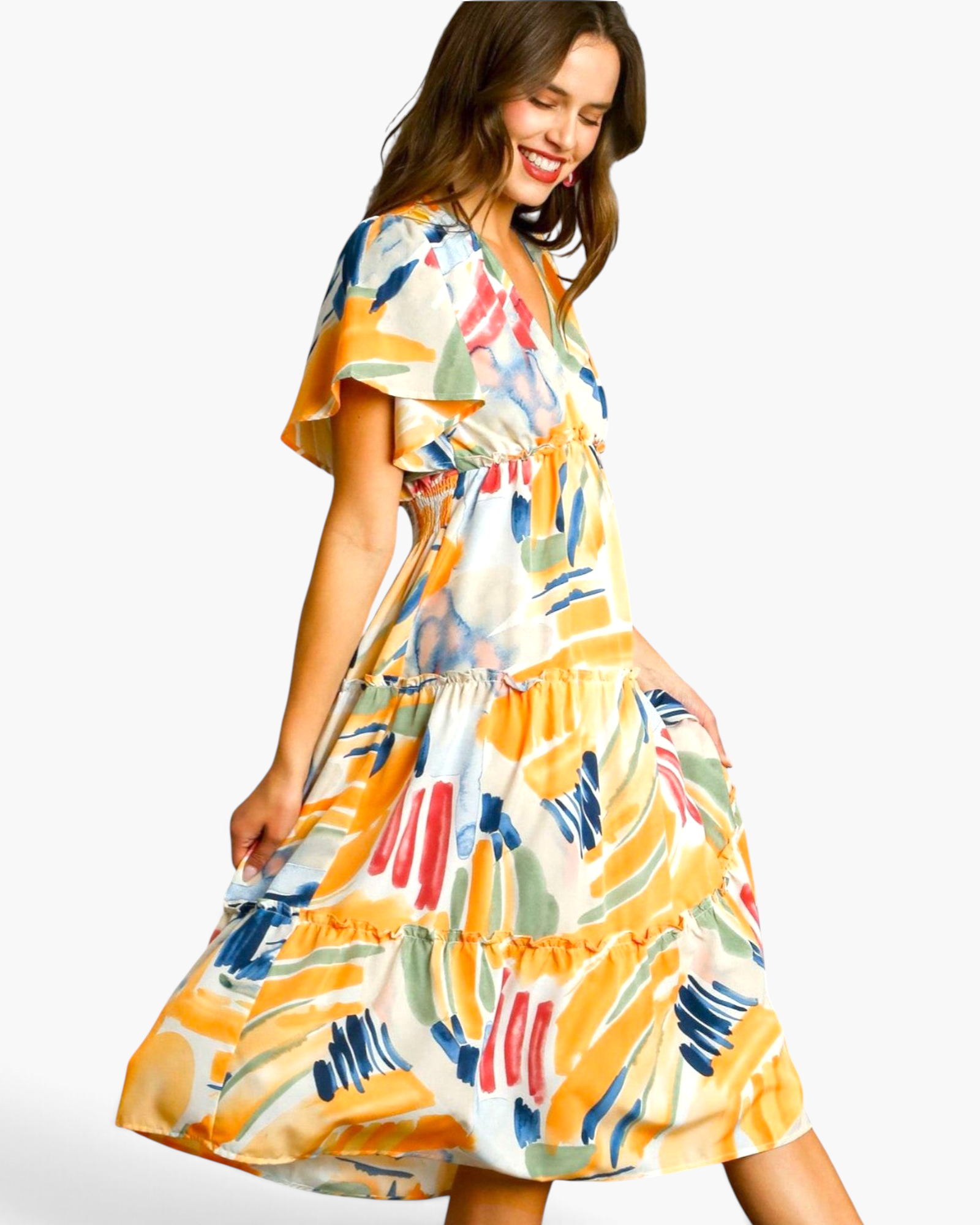 Beach Rose Co. yellow multicolor abstract print midi dress with flutter sleeves and a tiered ruffled skirt.