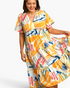 Beach Rose Co. yellow multicolor abstract print midi dress with flutter sleeves and a tiered ruffled skirt on a model