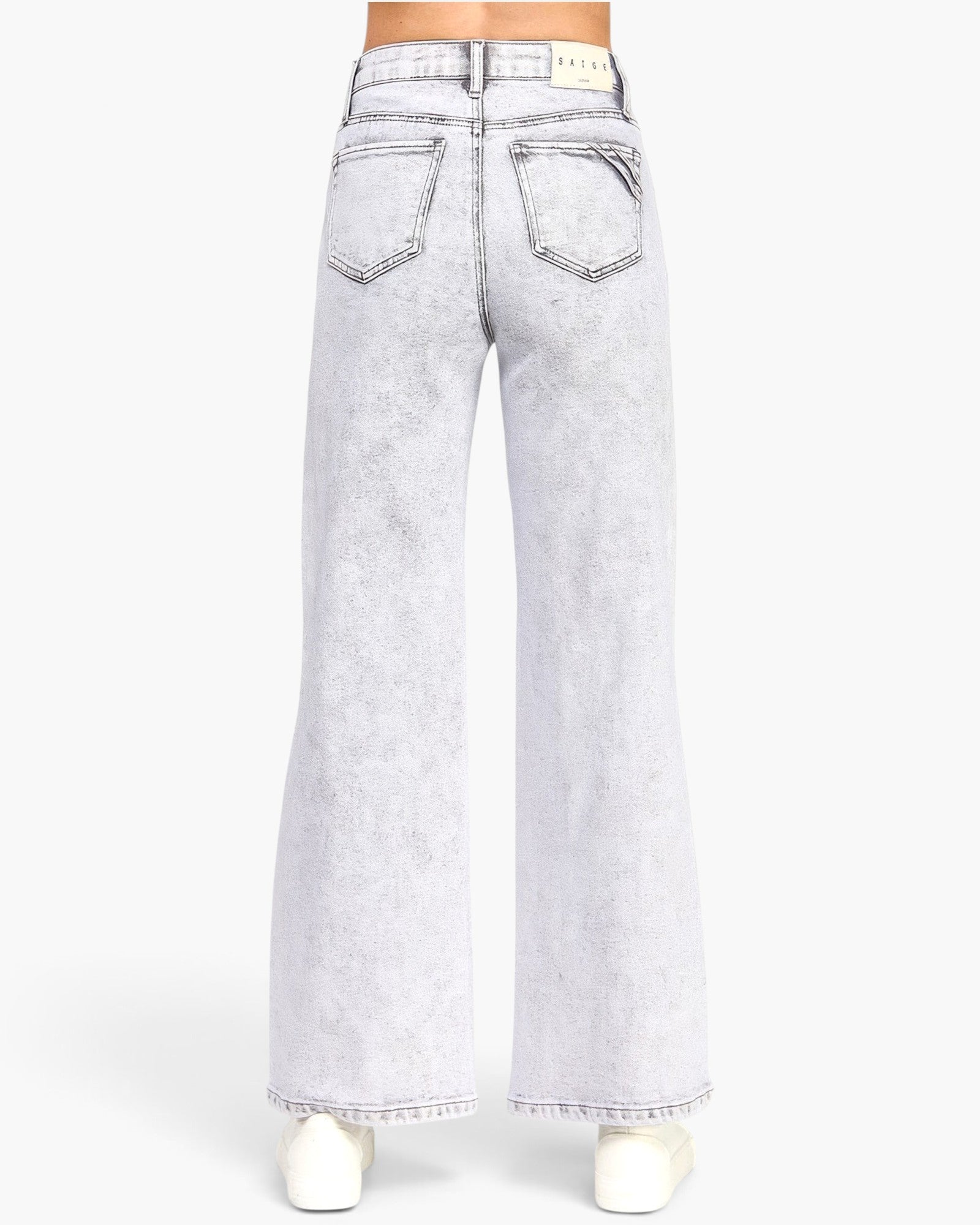 Beach Rose Co. high-rise wide-leg jeans in an acid grey wash with 5-pocket styling, back view.