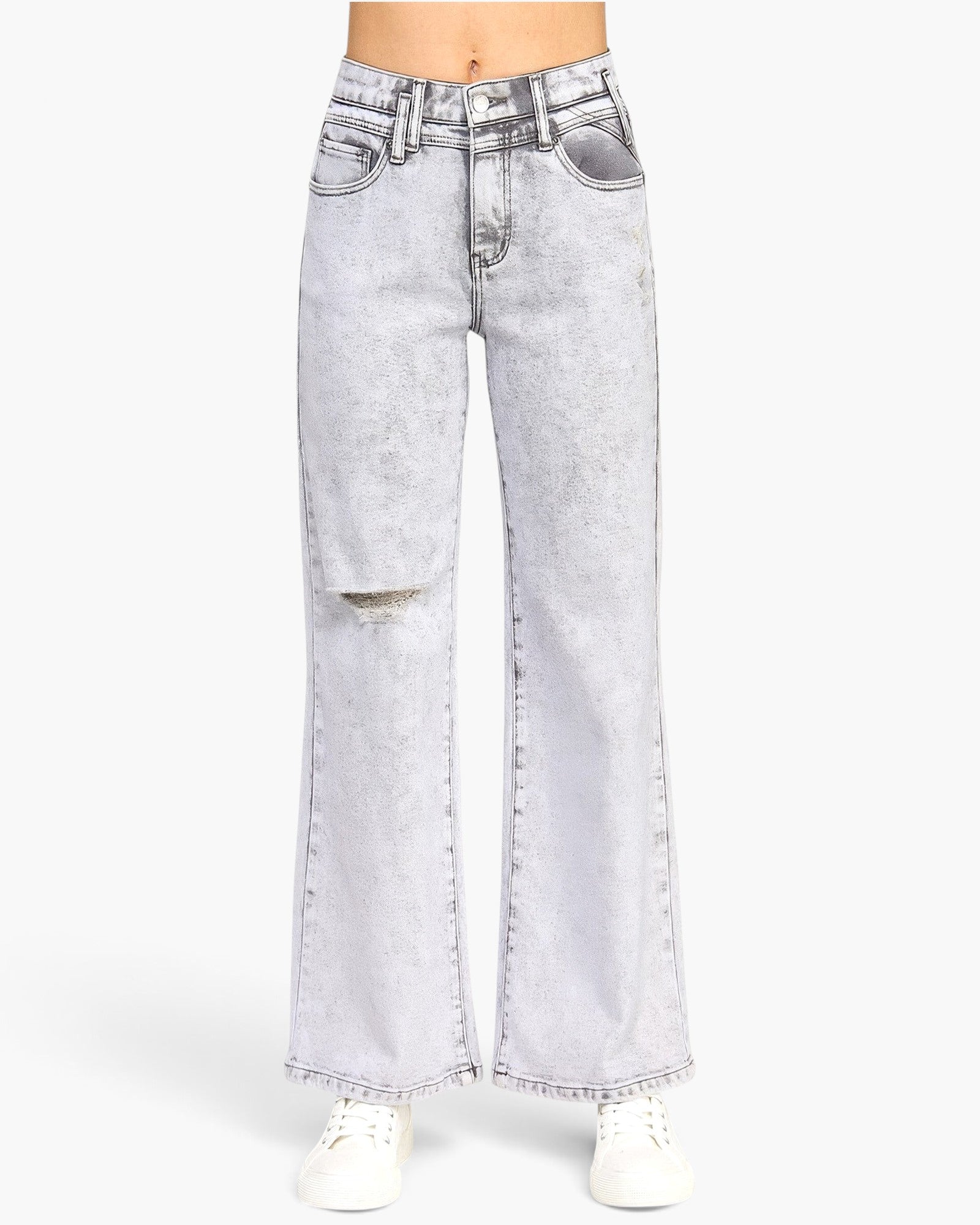 Beach Rose Co. high-rise wide-leg jeans in acid grey wash with distressed knee detail and 5-pocket styling.