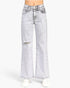 Beach Rose Co. high-rise wide-leg jeans in acid grey wash with distressed knee detail and 5-pocket styling.