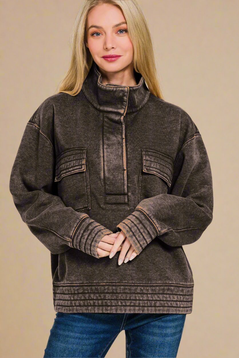 Beach Rose Co. - Acid Washed Half Snap Fleece Sweatshirt in Ash Black