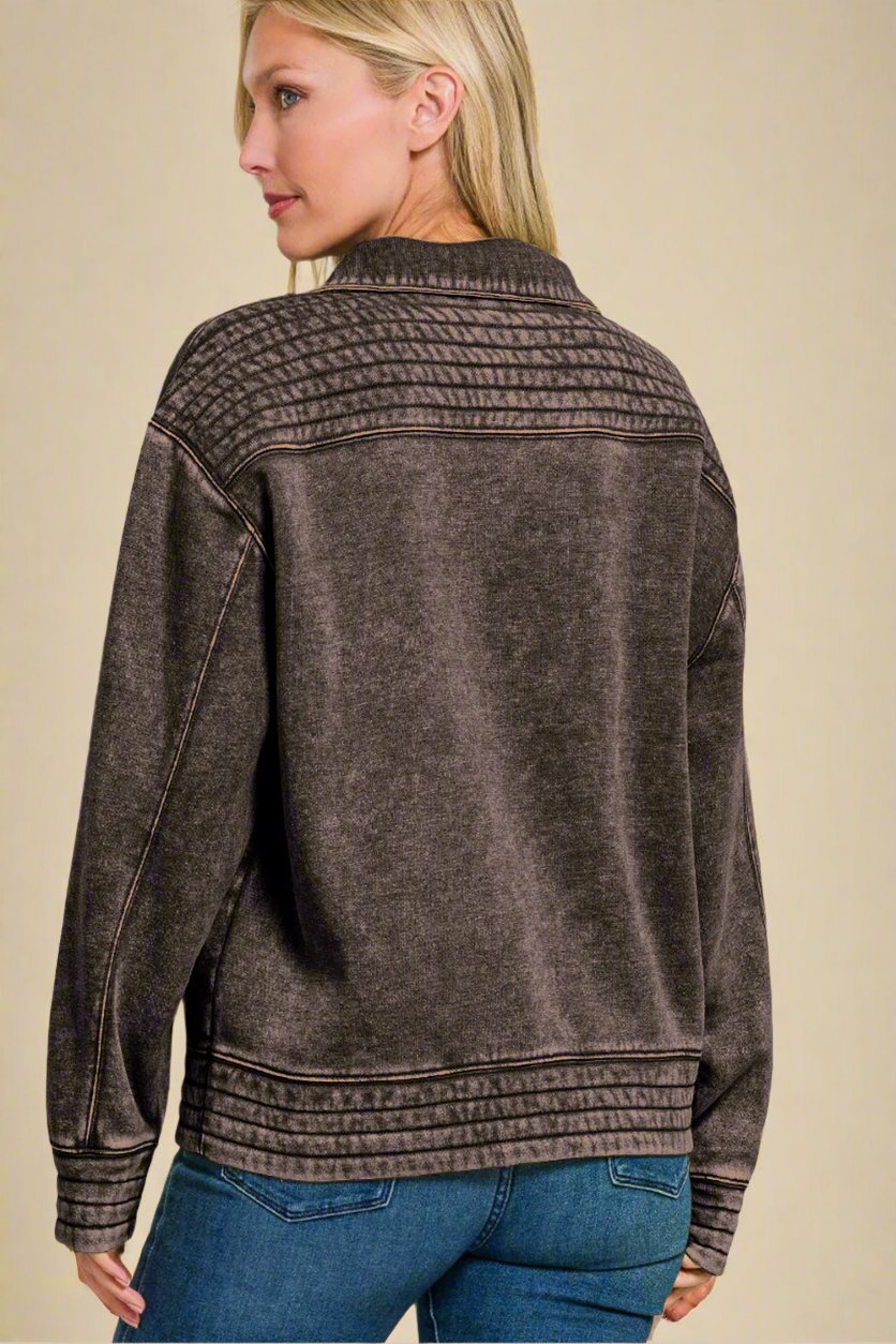 Beach Rose Co. - Acid Washed Half Snap Fleece Sweatshirt in Ash Black