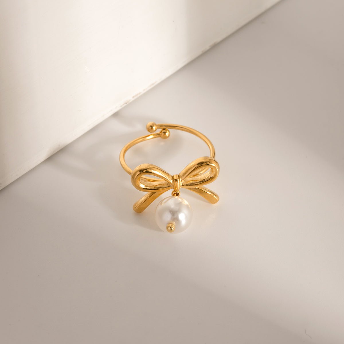 Beach Rose Co. - Adjustable Gold Pearl Bow Ring