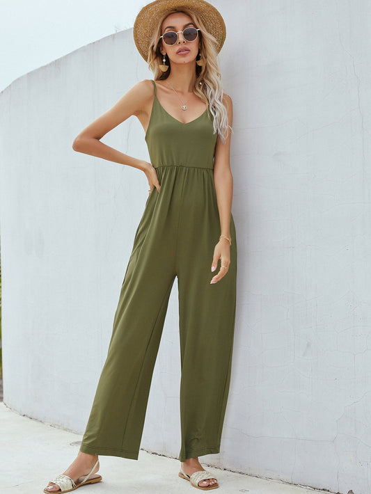 Beach Rose Co. - Adjustable Spaghetti Strap Jumpsuit with Pockets