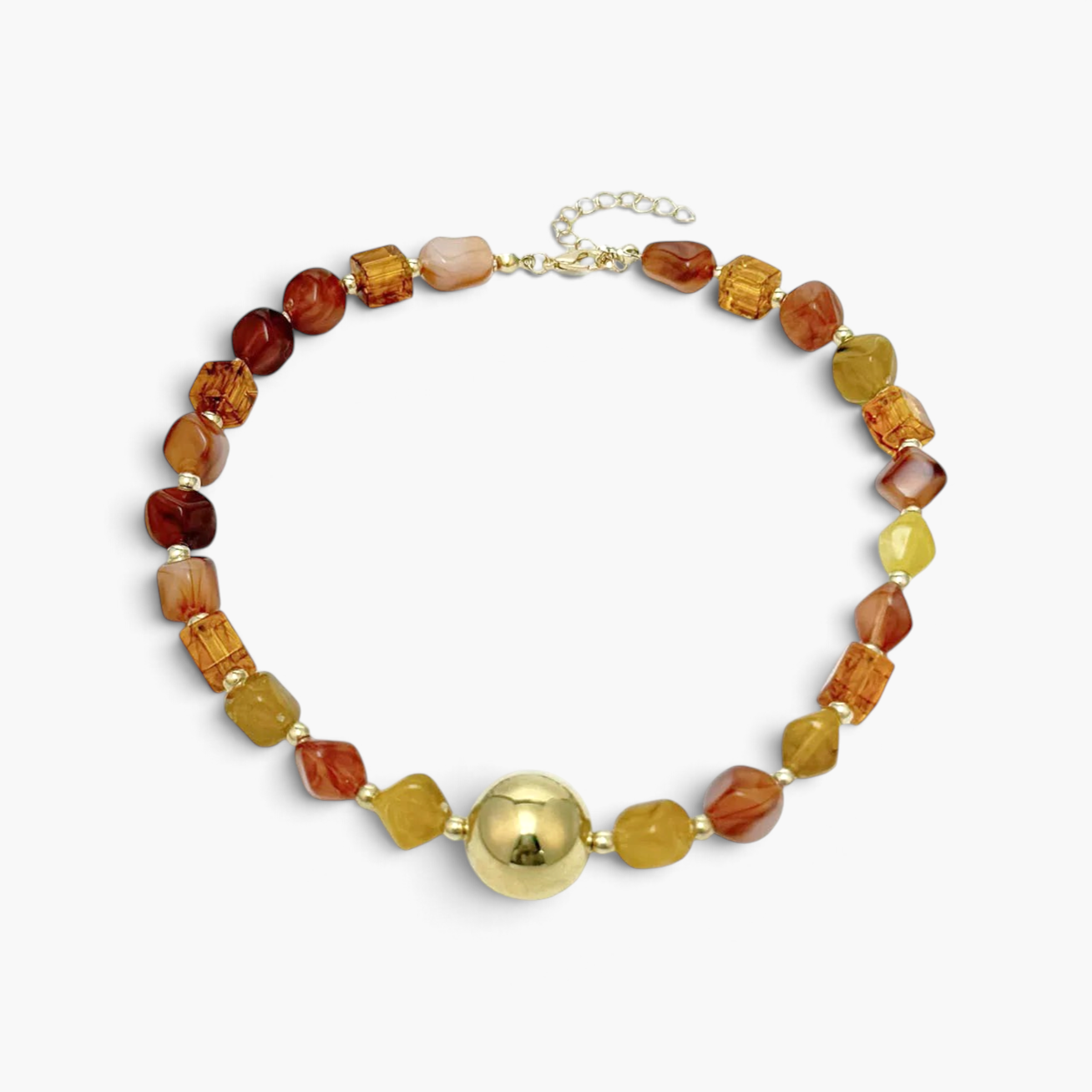 Beach Rose Co. 18K gold-plated necklace featuring amber, honey, and reddish-brown resin beads with a large center bead.