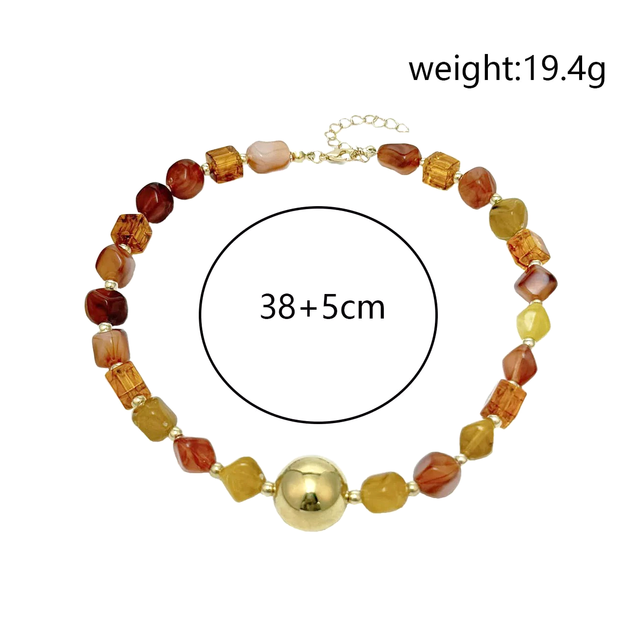 Beach Rose Co. 18K gold-plated necklace featuring mixed amber-tone resin beads and a large polished gold center bead.