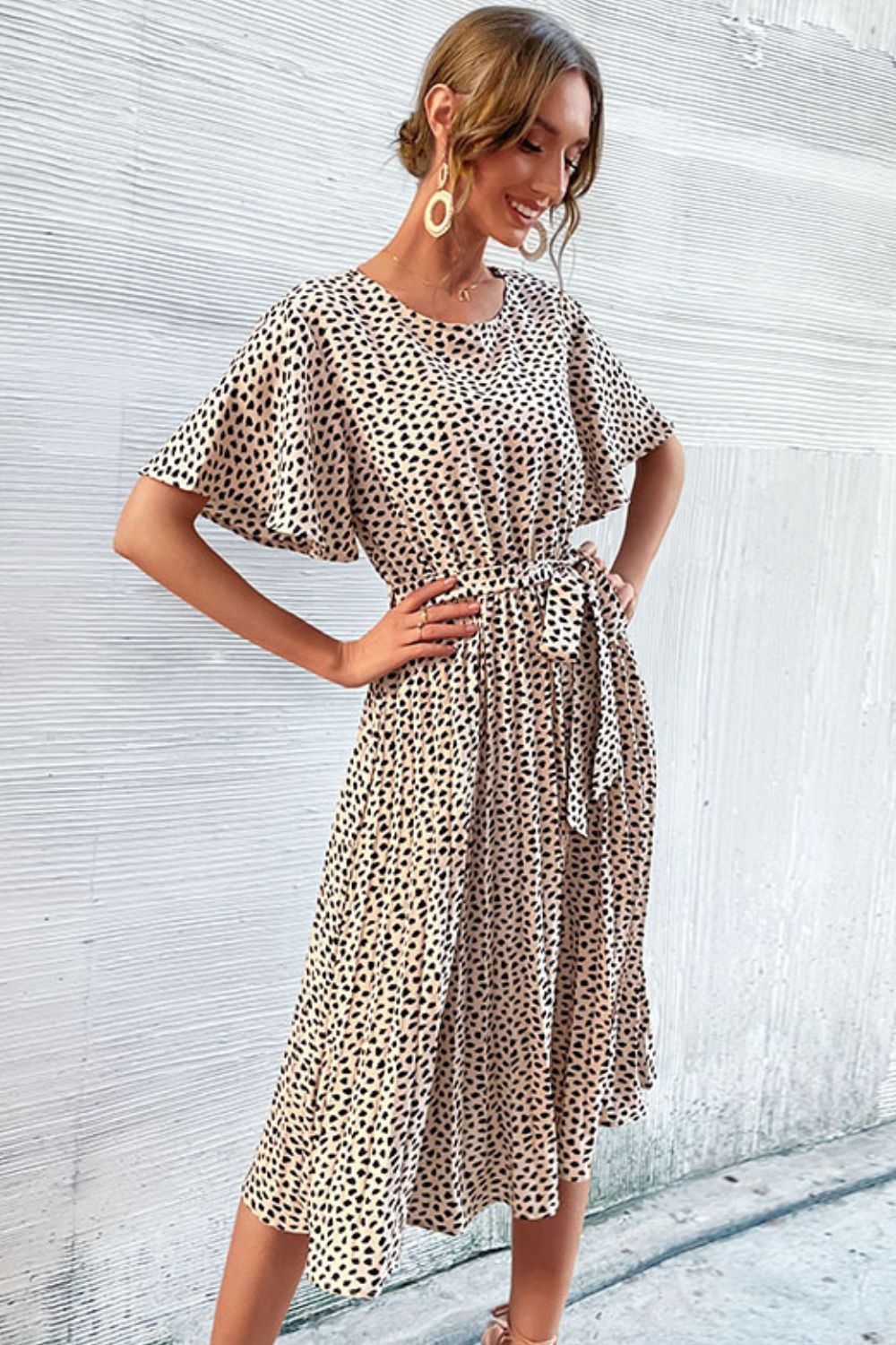 Beach Rose Co. - Animal Print Tie - Waist Pleated Midi Dress in Apricot