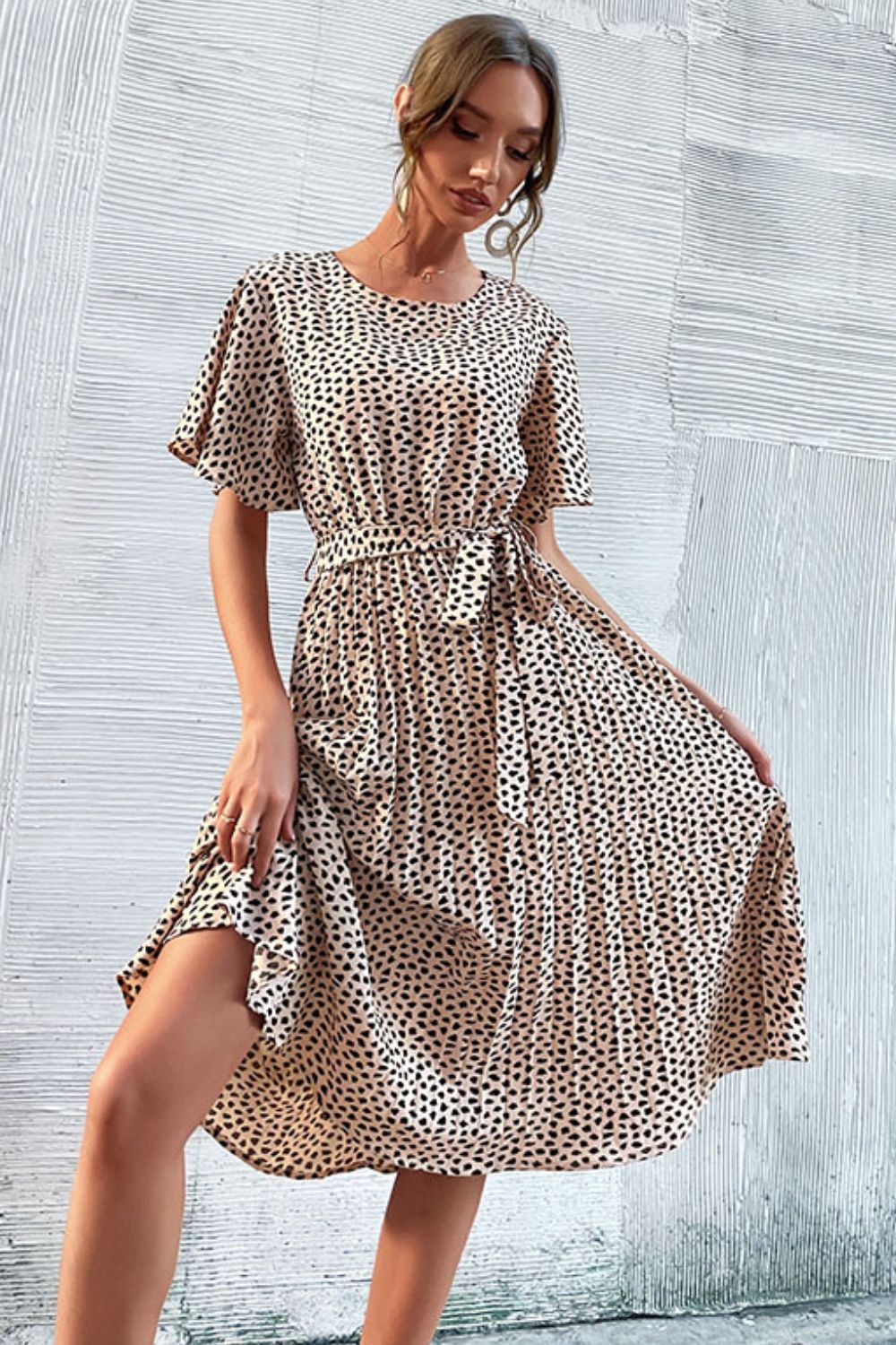 Beach Rose Co. - Animal Print Tie - Waist Pleated Midi Dress in Apricot