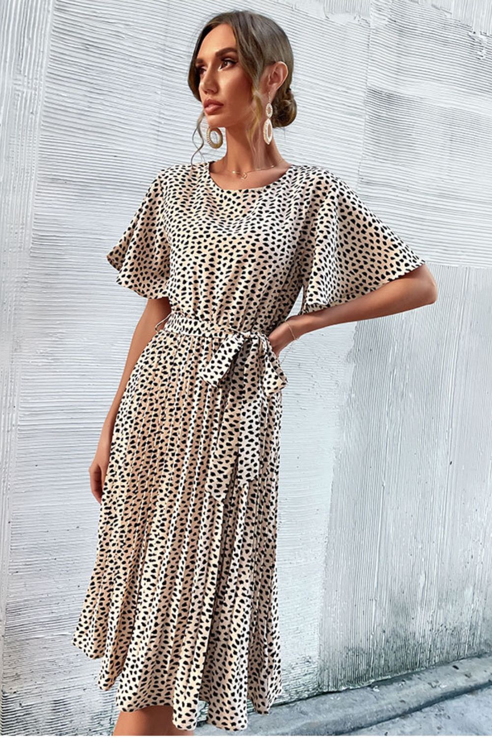 Beach Rose Co. - Animal Print Tie - Waist Pleated Midi Dress in Apricot