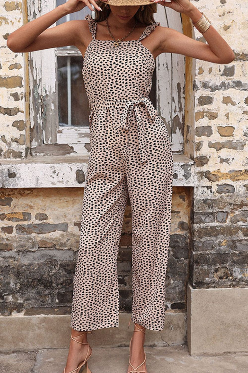 Beach Rose Co. - Animal Print Tie - Waist Wide Leg Jumpsuit in Khaki