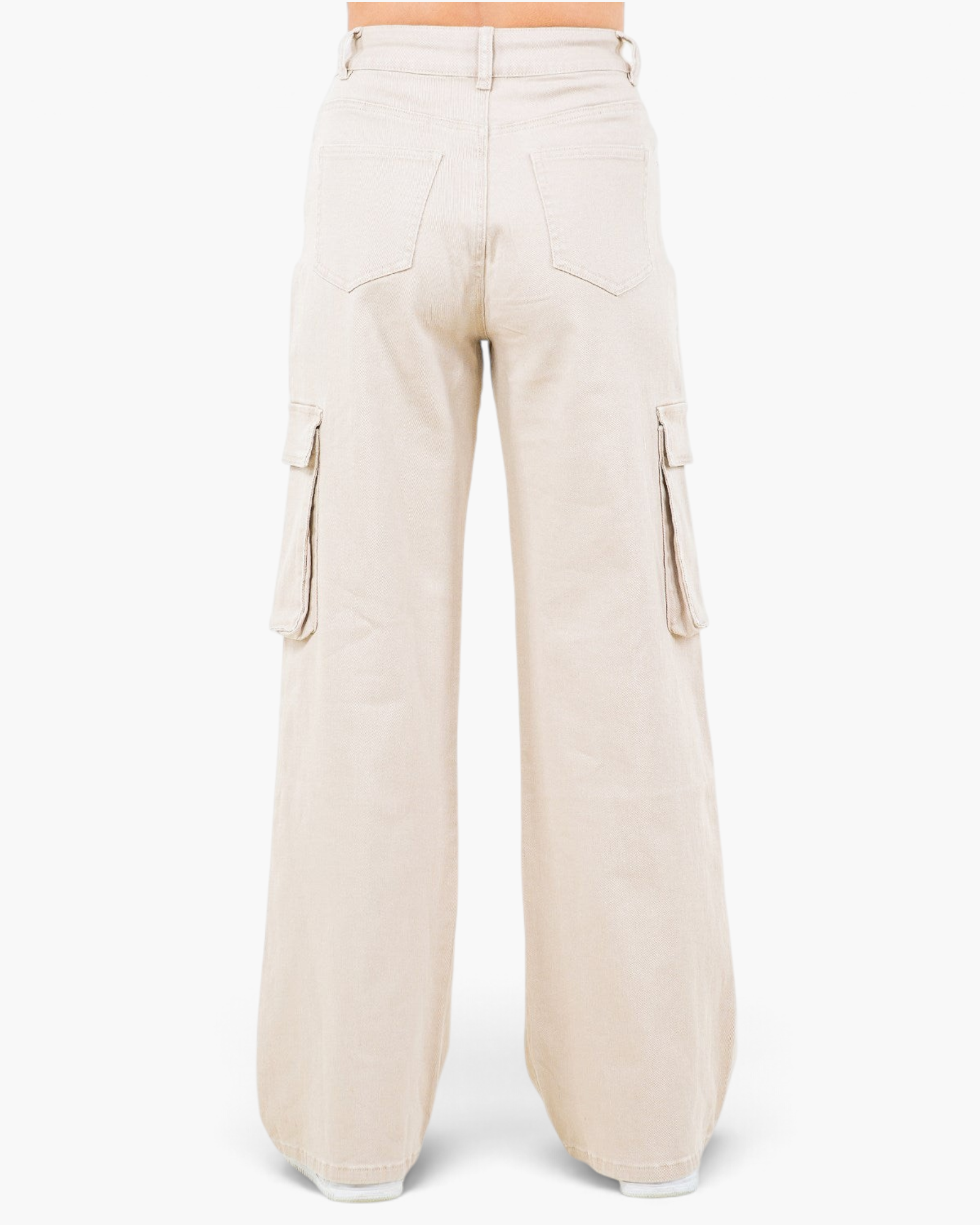 Back view of Beach Rose Co. apricot wide leg cargo pants featuring flap pockets and a comfortable cotton blend fabric.