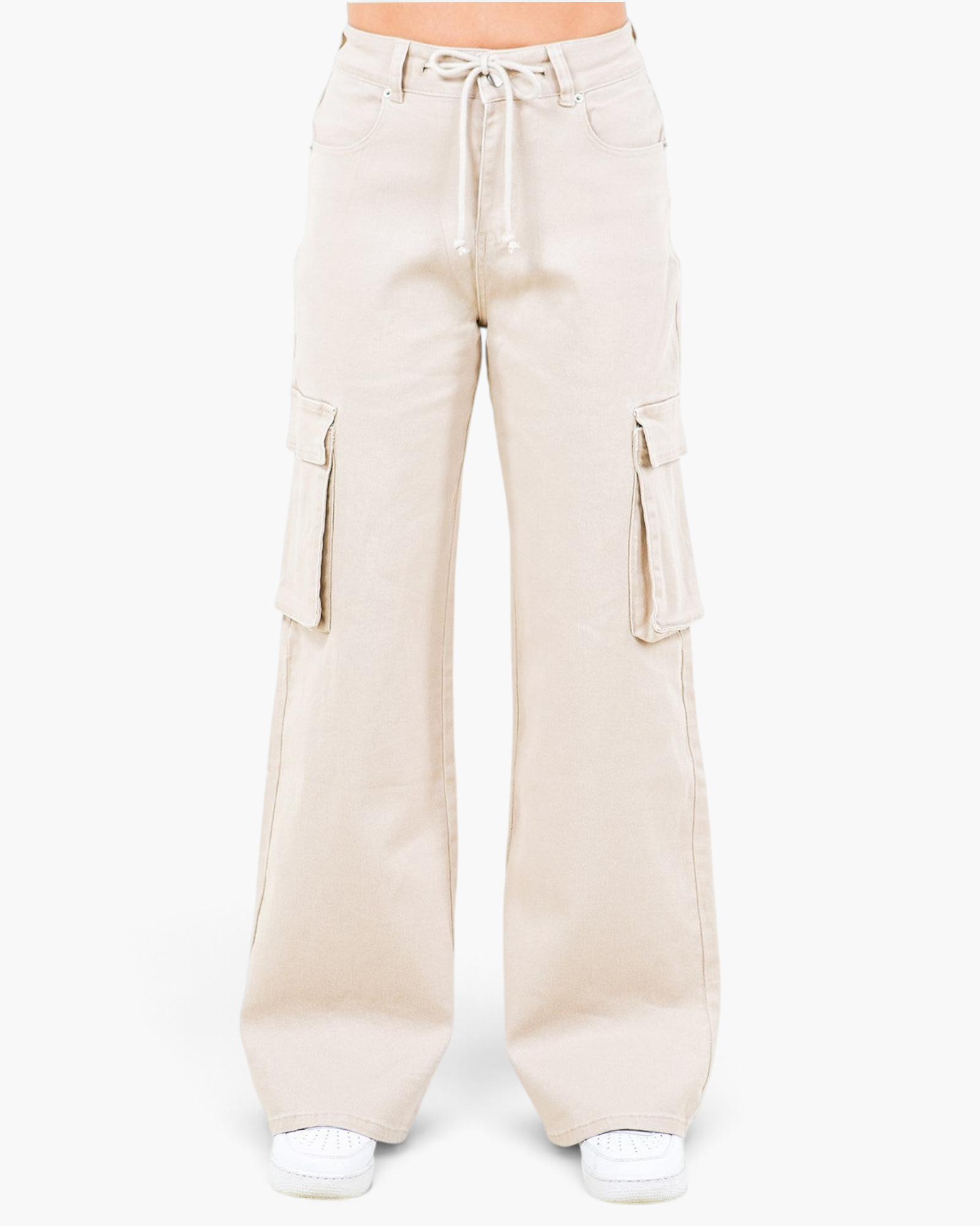 Beach Rose Co. apricot wide leg cargo pants with a drawstring waist and flap pockets in a cotton stretch blend
