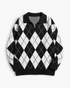 Beach Rose Co. black and white argyle sweater with a fold-over collar, V-neckline, and relaxed fit.