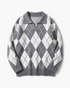 Beach Rose Co. grey and white argyle sweater with a fold-over collar, V-neckline, and relaxed fit.